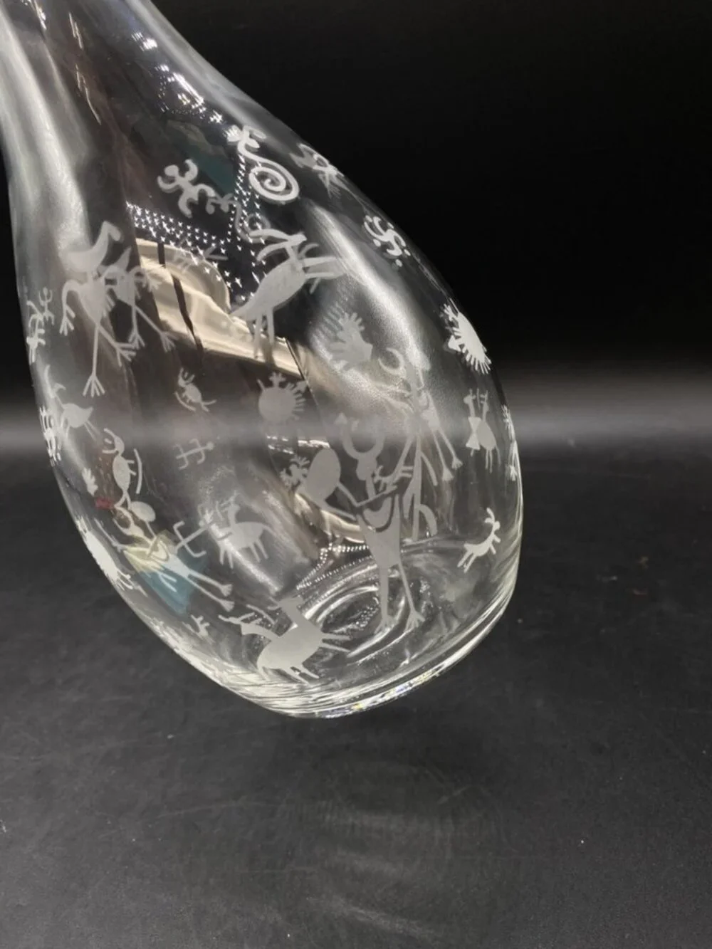 Etched Petroglyph Cave Drawings Clear 9” Tall Wine Carafe